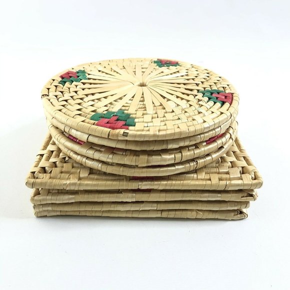 Woven Raffia Straw Trivets Set of 8 Round Square - Picture 2 of 12
